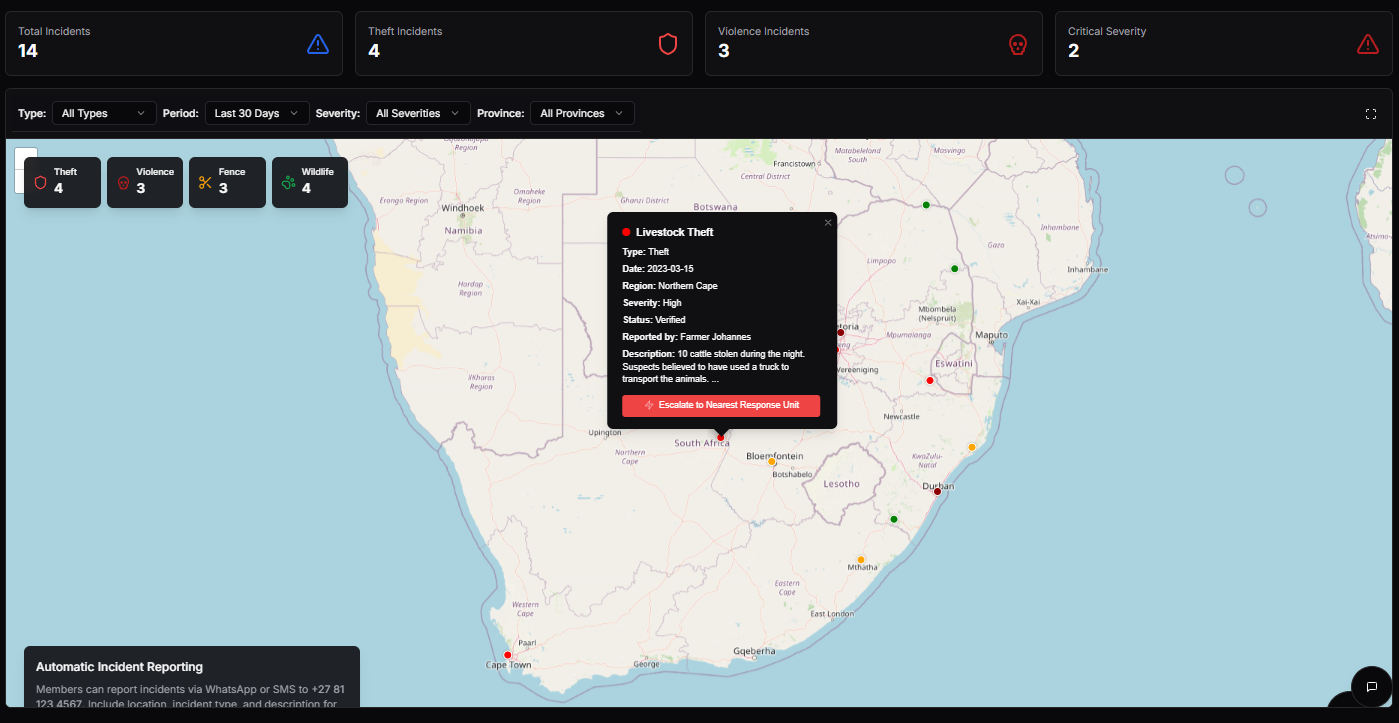 Interactive safety map showing incident locations across South Africa with detailed incident information